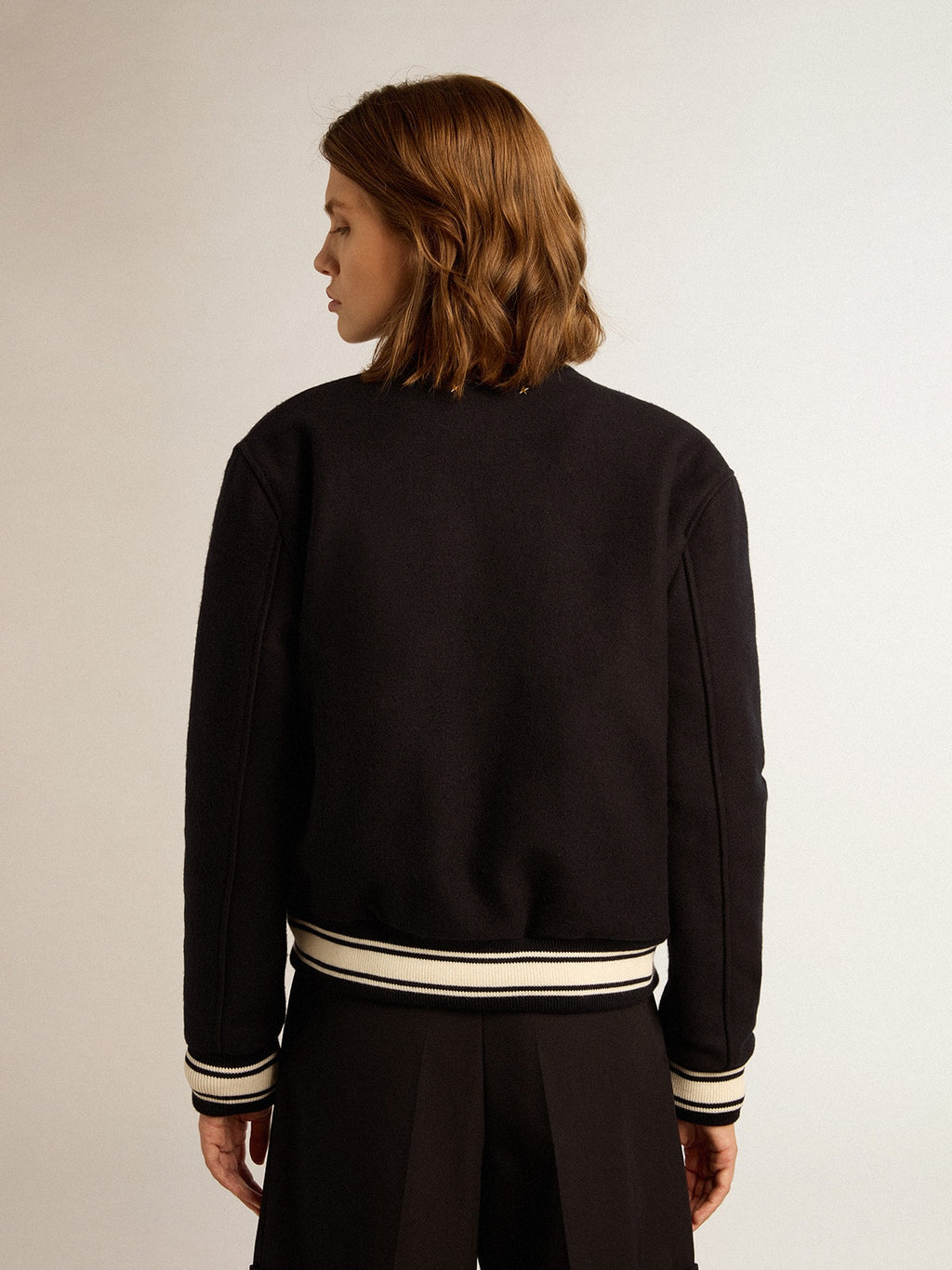 Women's bomber jacket in dark blue wool with white details| Golden Goose