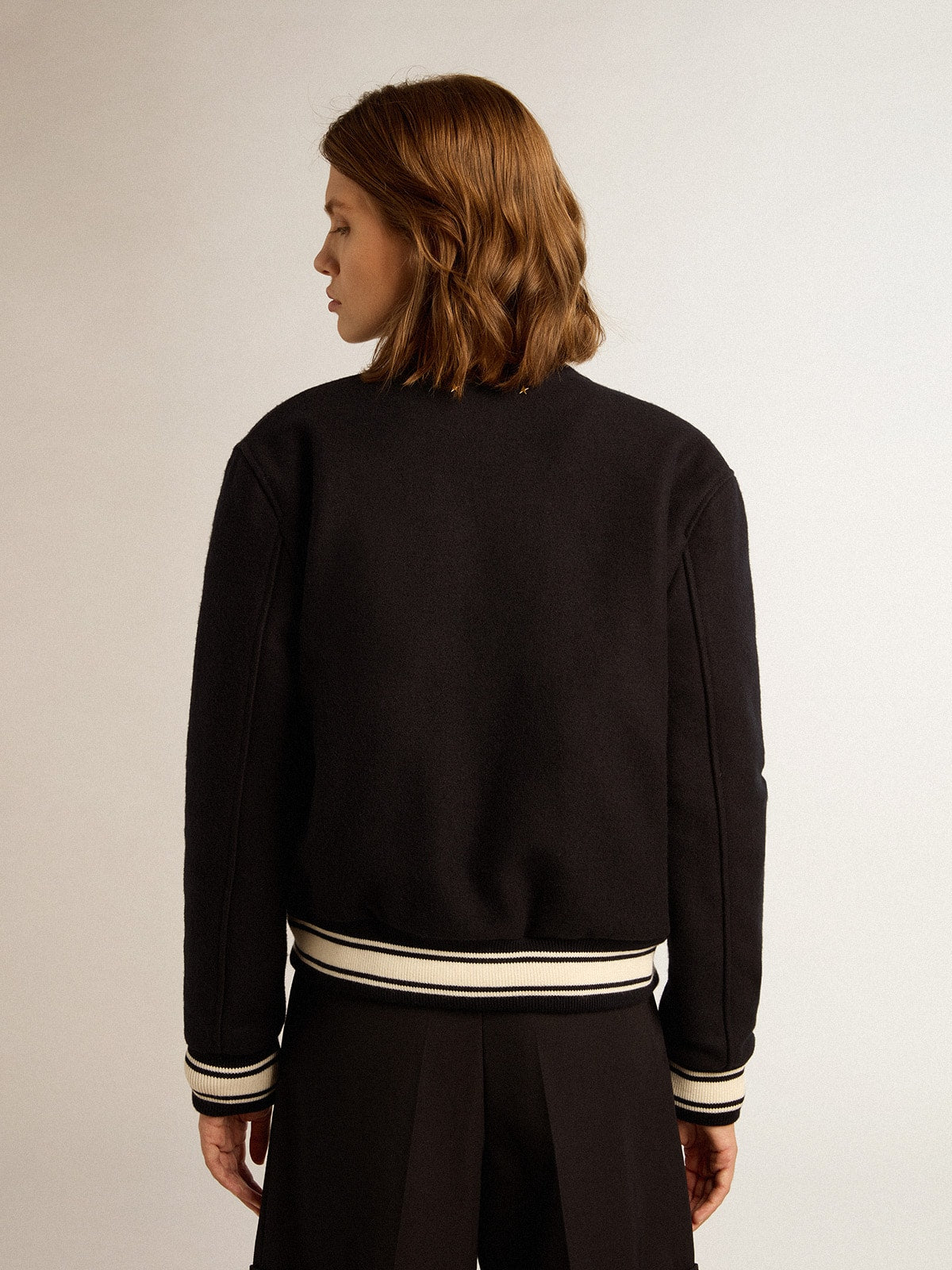 Women's bomber jacket in dark blue wool with white details| Golden Goose