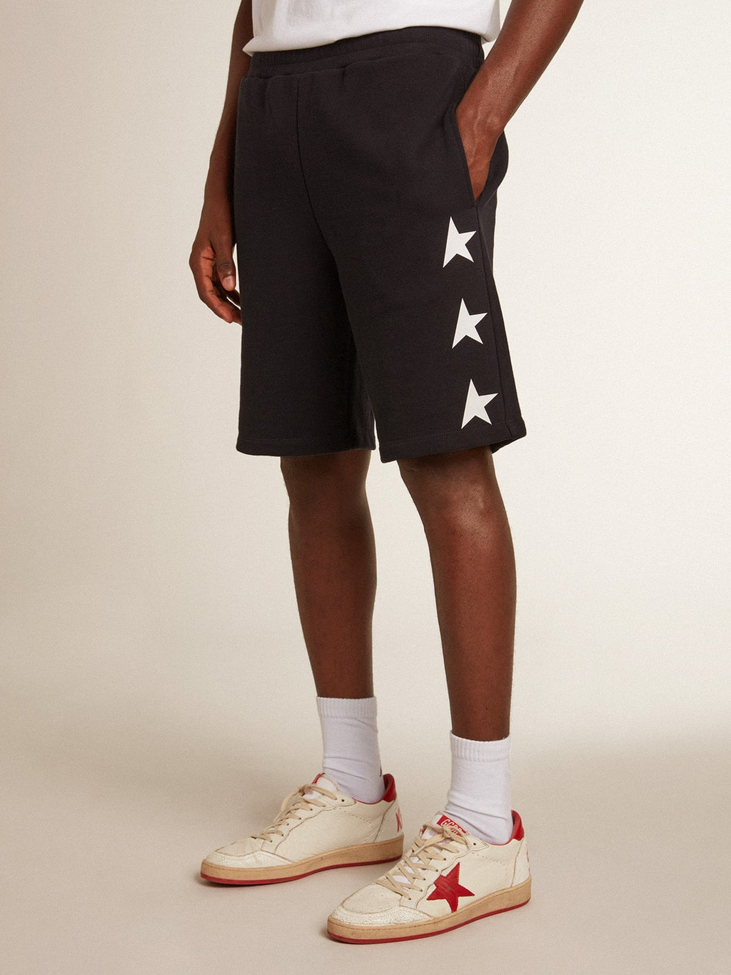 Men's black bermuda shorts with white stars| Golden Goose