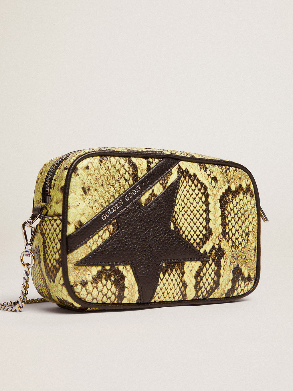 Women's Mini Star Bag in lime green snake print leather with black star| Golden Goose