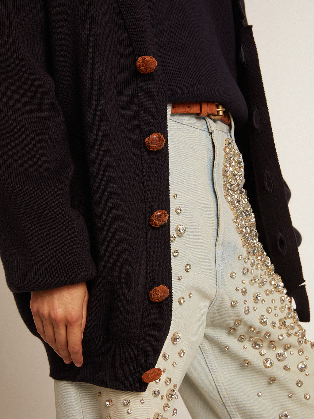 Women's cardigan in distressed dark blue cotton| Golden Goose