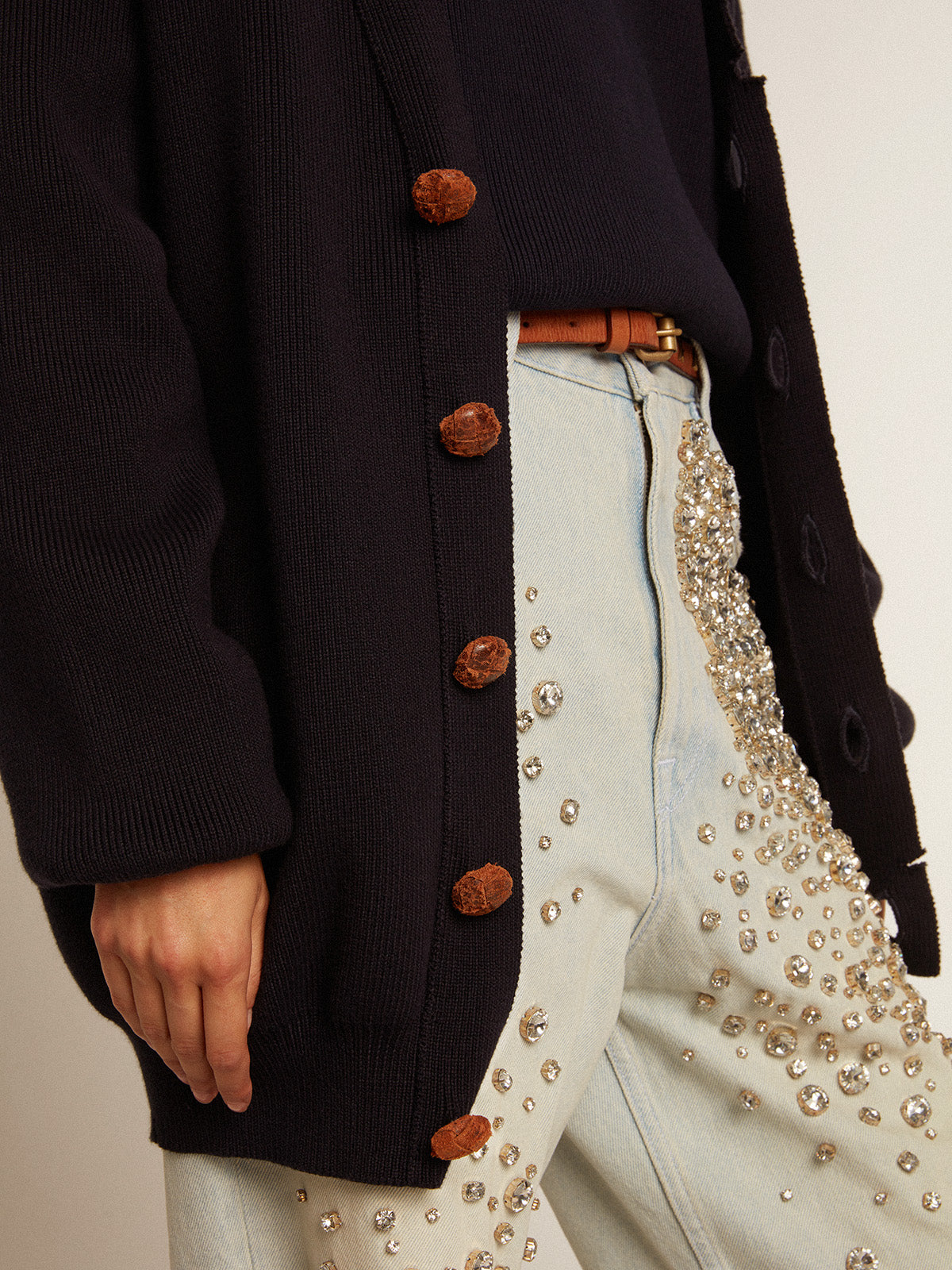 Women's cardigan in distressed dark blue cotton| Golden Goose
