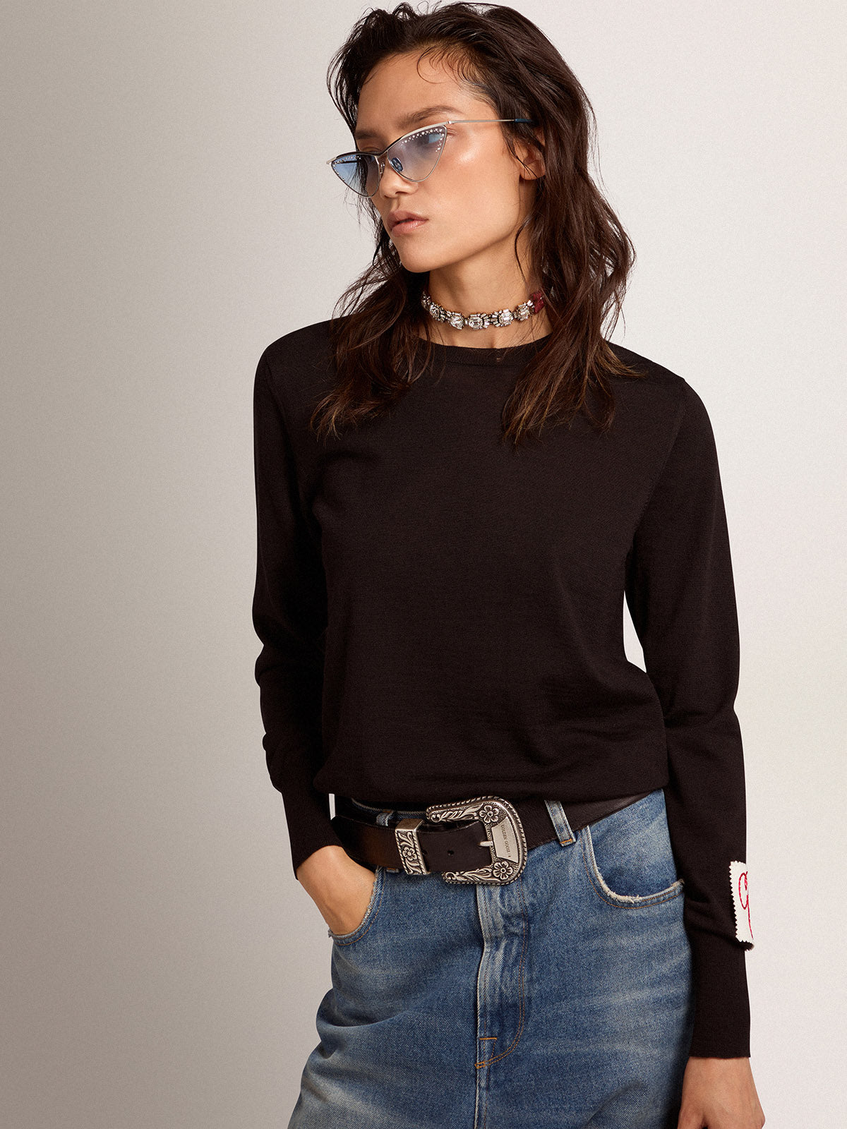 Women's round-neck sweater in black wool| Golden Goose