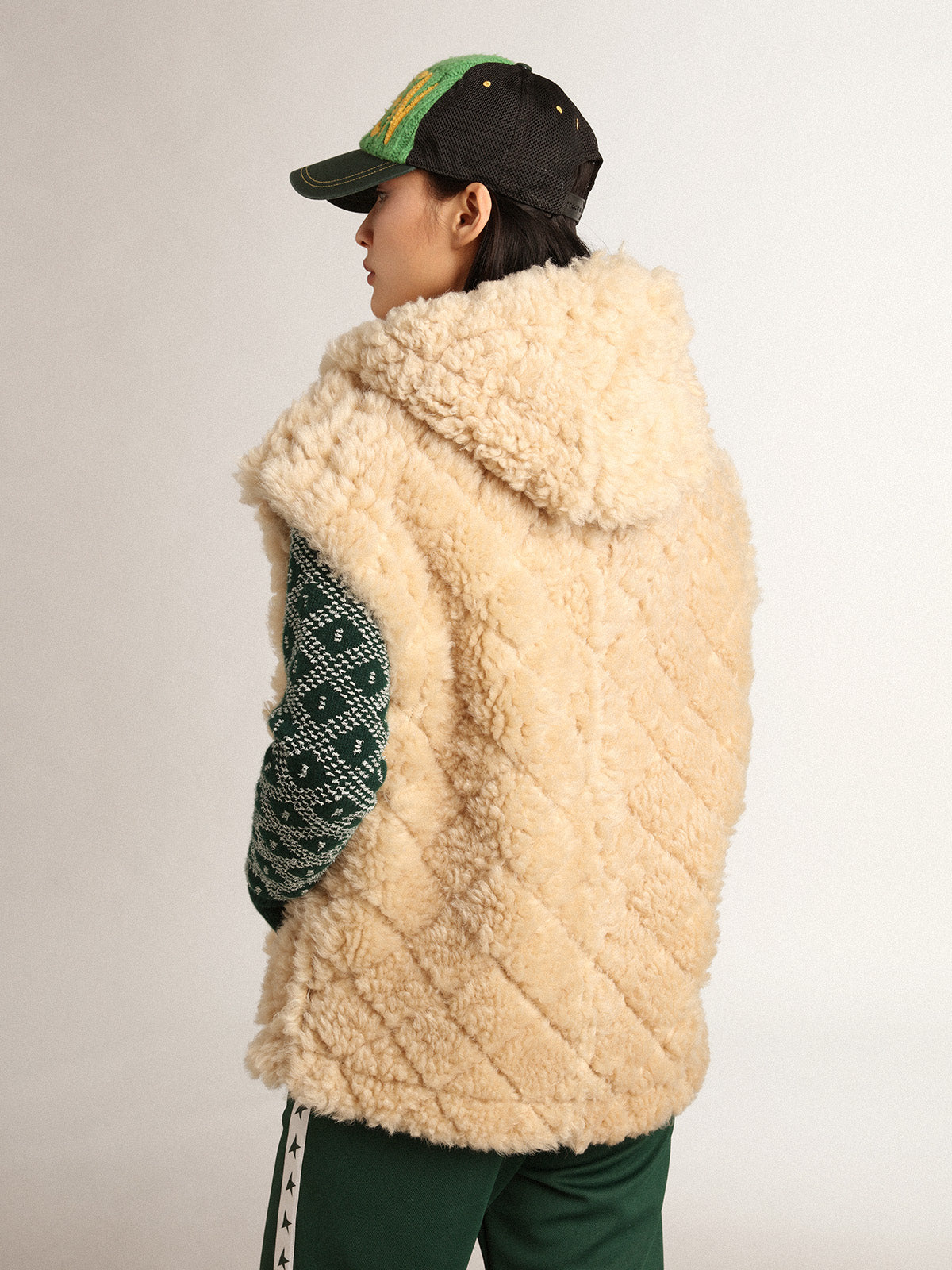Women's reversible sheepskin vest in ecru| Golden Goose