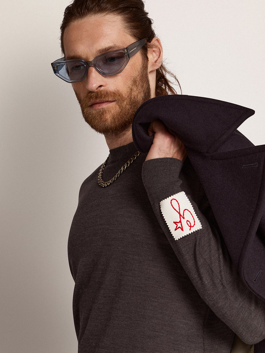 Men's round-neck sweater in dark gray mélange wool| Golden Goose