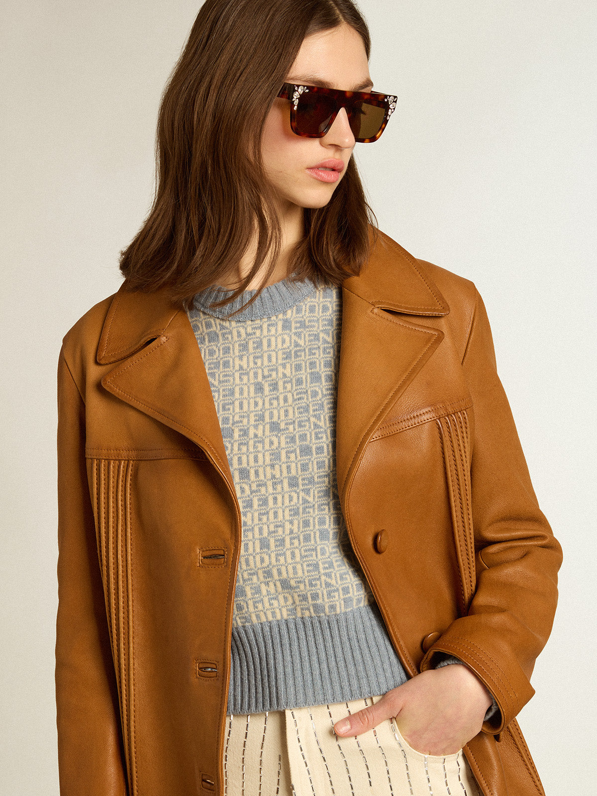 Cropped round-neck sweater with light blue jacquard lettering motif| Golden Goose