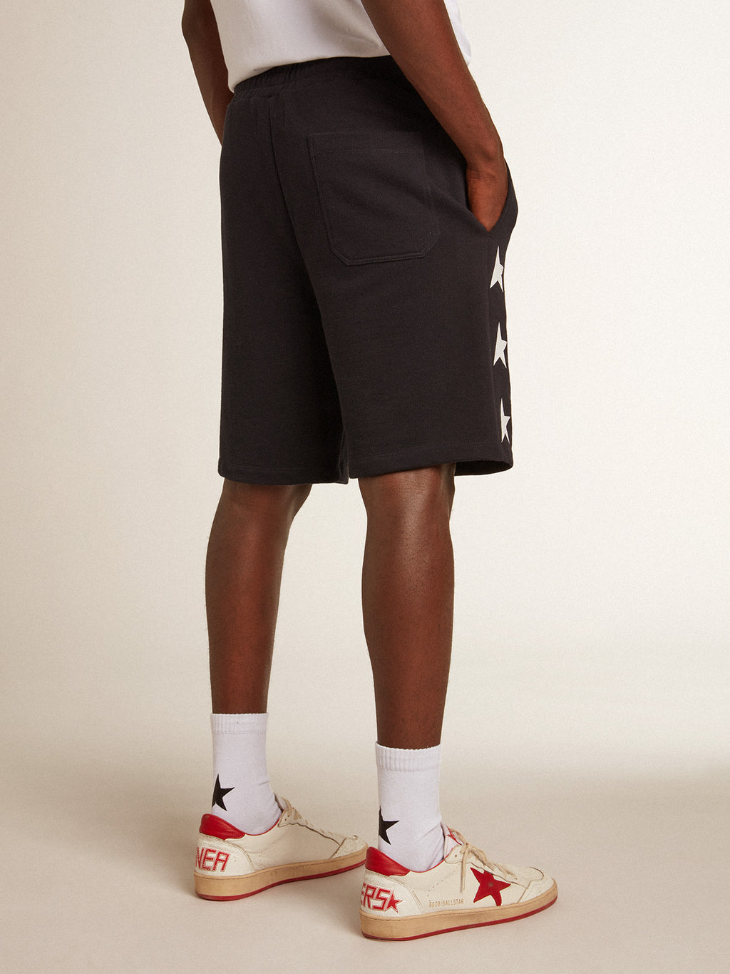 Men's black bermuda shorts with white stars| Golden Goose