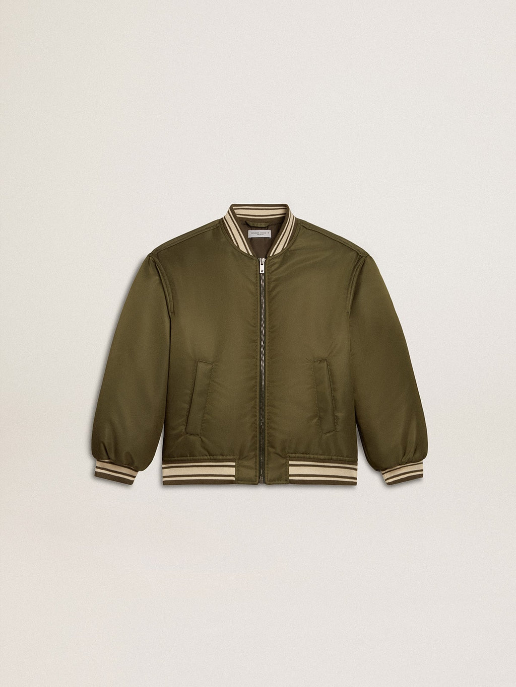 Kids military-green nylon bomber jacket with lettering on the back| Golden Goose