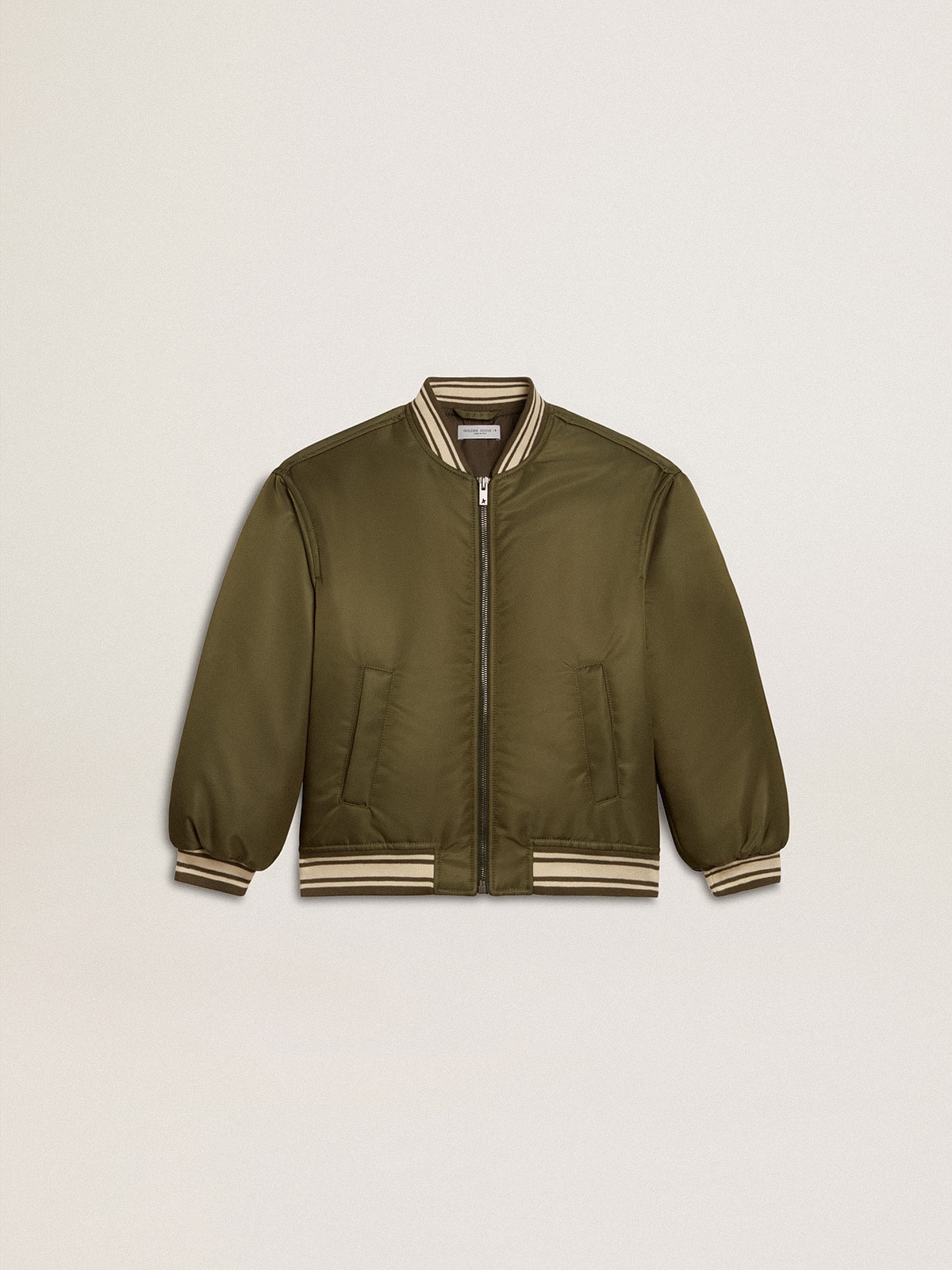 Kids military-green nylon bomber jacket with lettering on the back| Golden Goose