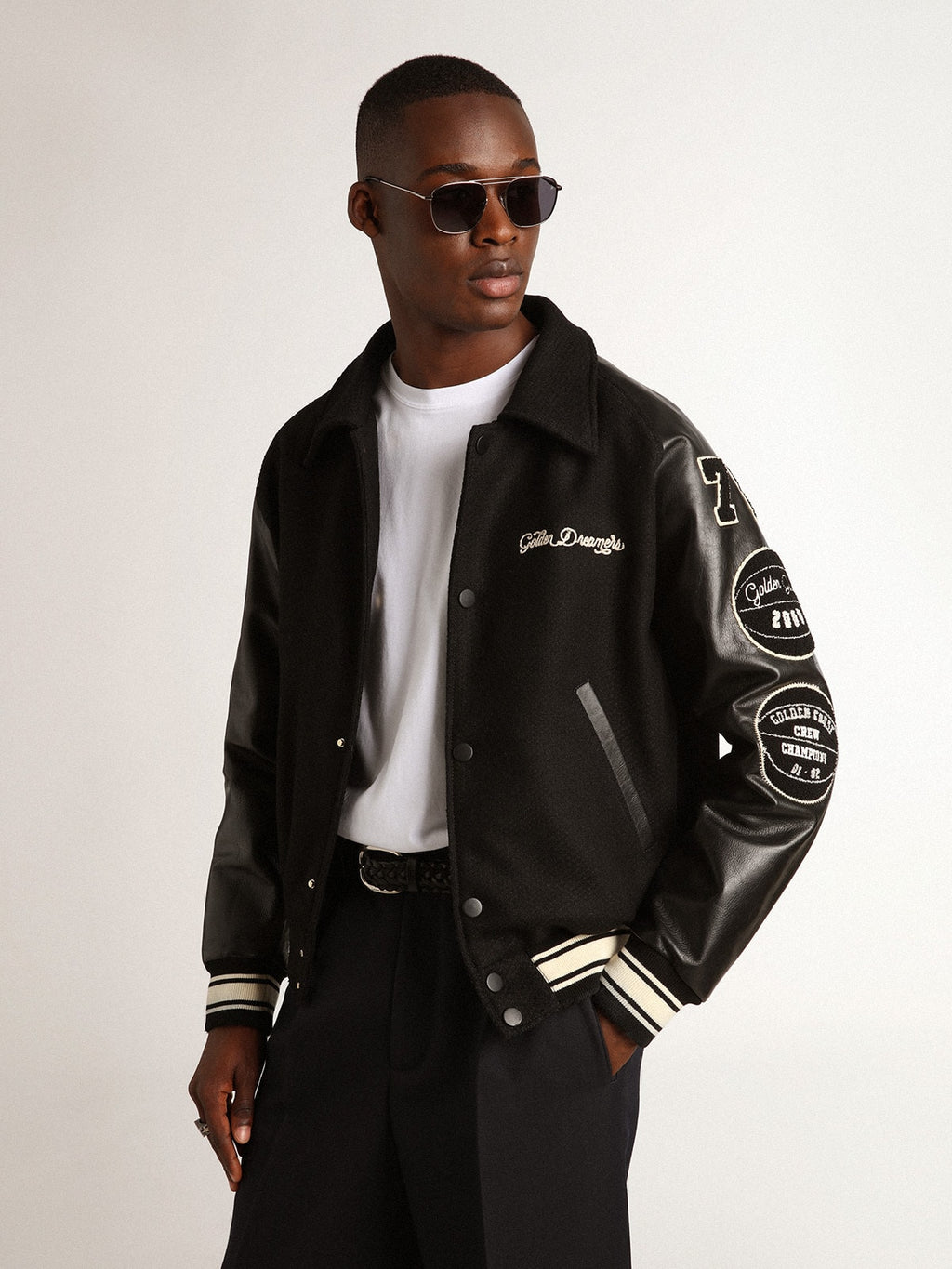 Black wool bomber jacket with patch| Golden Goose