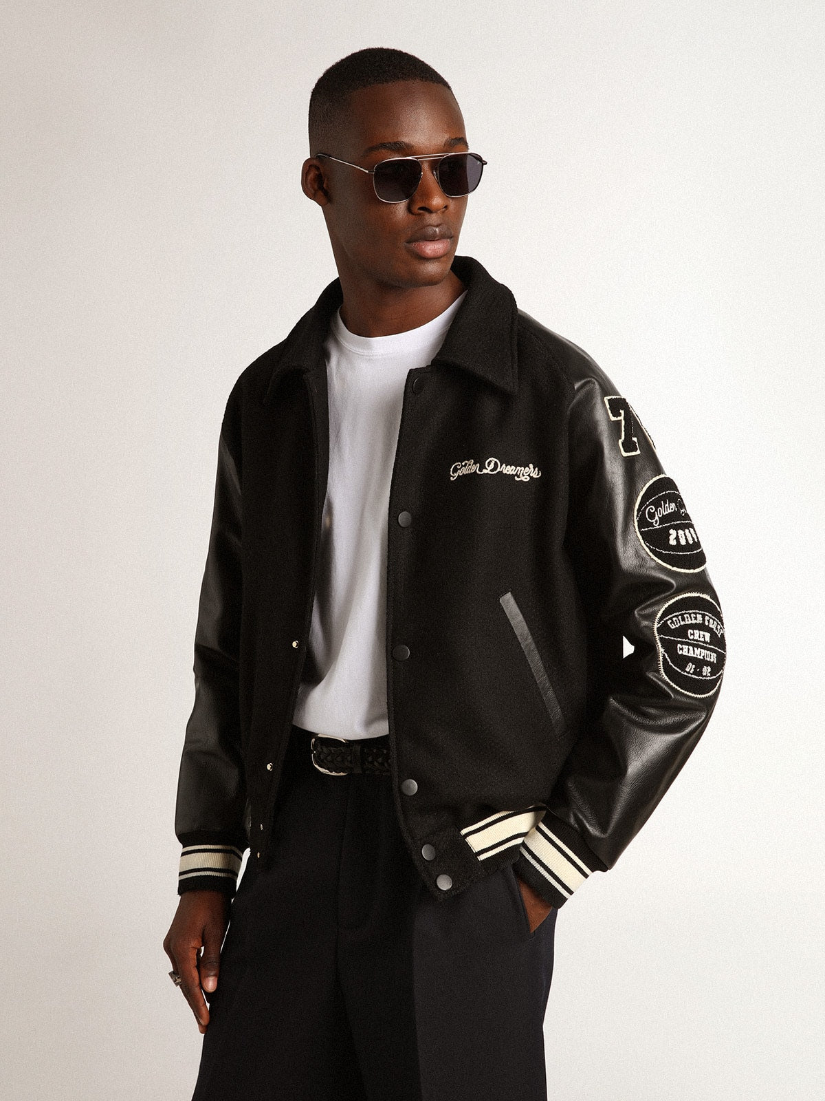 Black wool bomber jacket with patch| Golden Goose