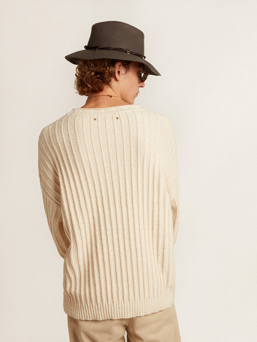 Round-neck sweater in papyrus-colored cotton-blend yarn| Golden Goose