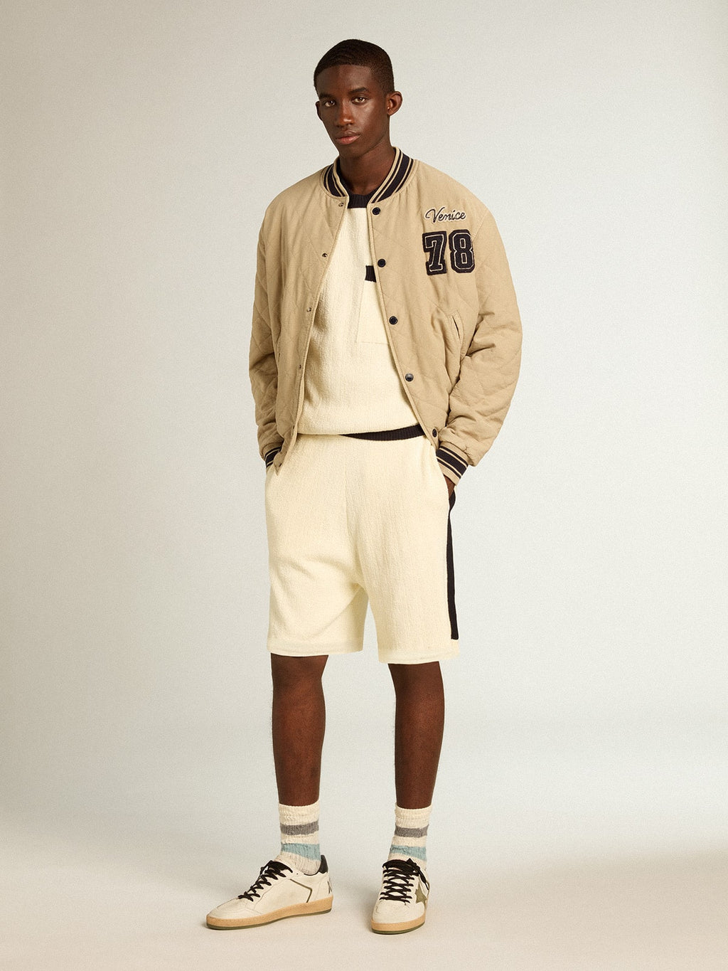 Khaki-colored quilted cotton bomber jacket| Golden Goose