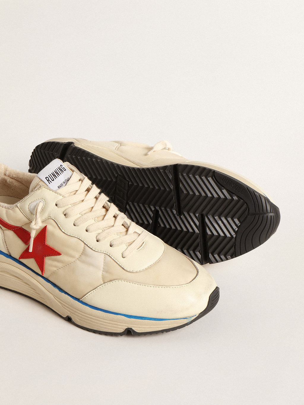 Men's Running Sole LTD in beige nylon with red leather star| Golden Goose