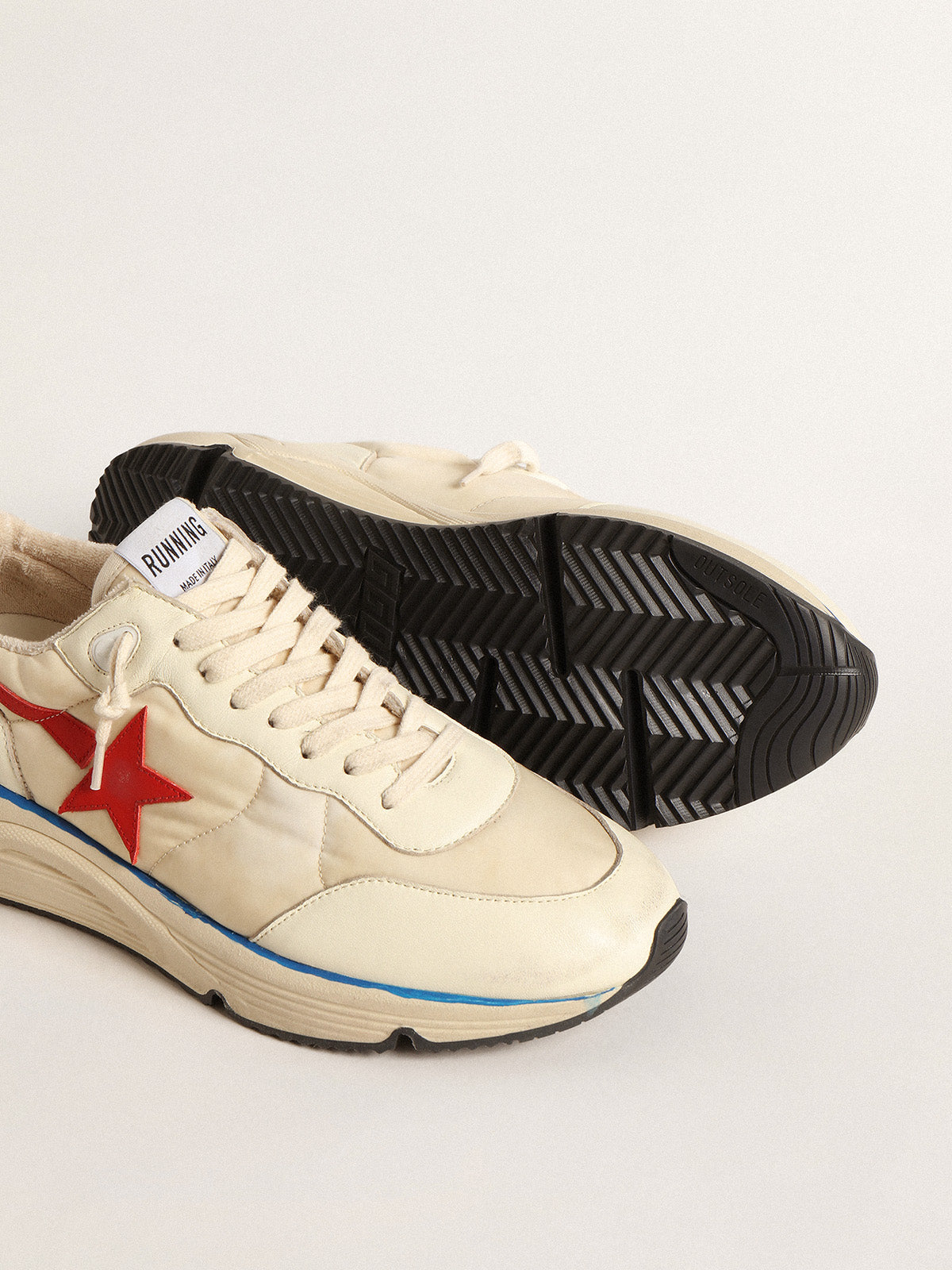Men's Running Sole LTD in beige nylon with red leather star| Golden Goose