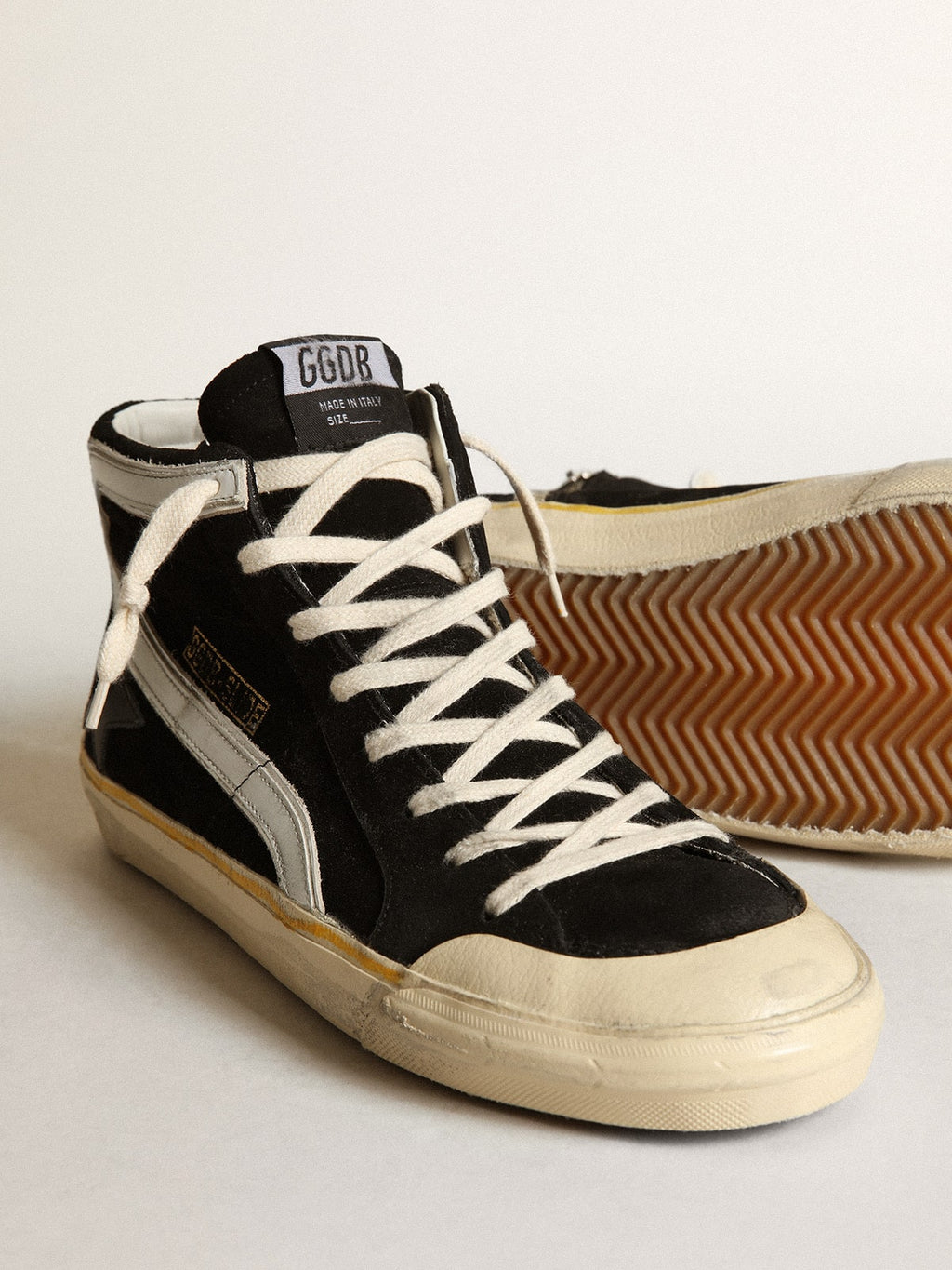Men's Slide Penstar in black suede with black star and white flash| Golden Goose