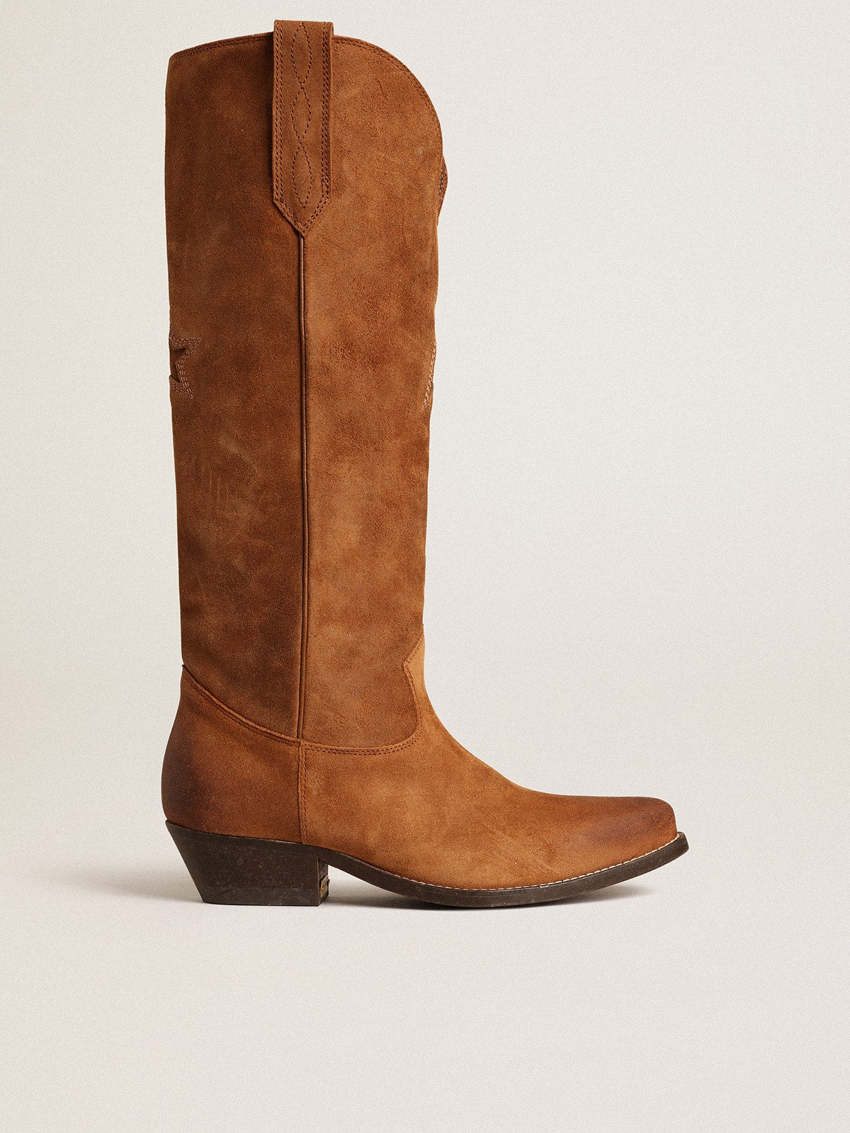 Wish Star boots in cognac suede with tone-on-tone inlay star| Golden Goose