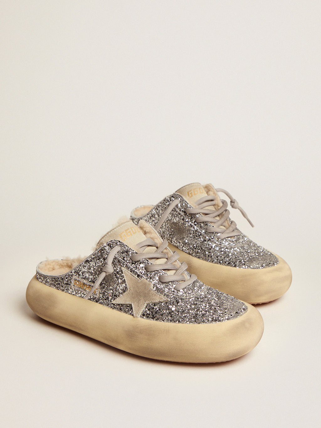 Women's Space-Star Sabot in silver glitter and shearling lining| Golden Goose