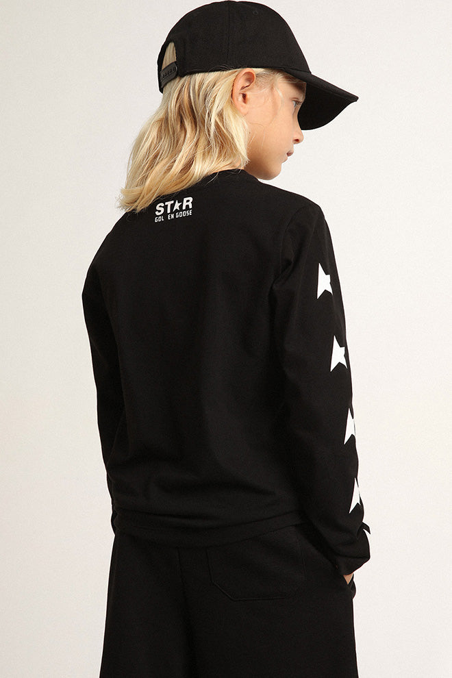 Boys' black sweatshirt with contrasting white stars| Golden Goose