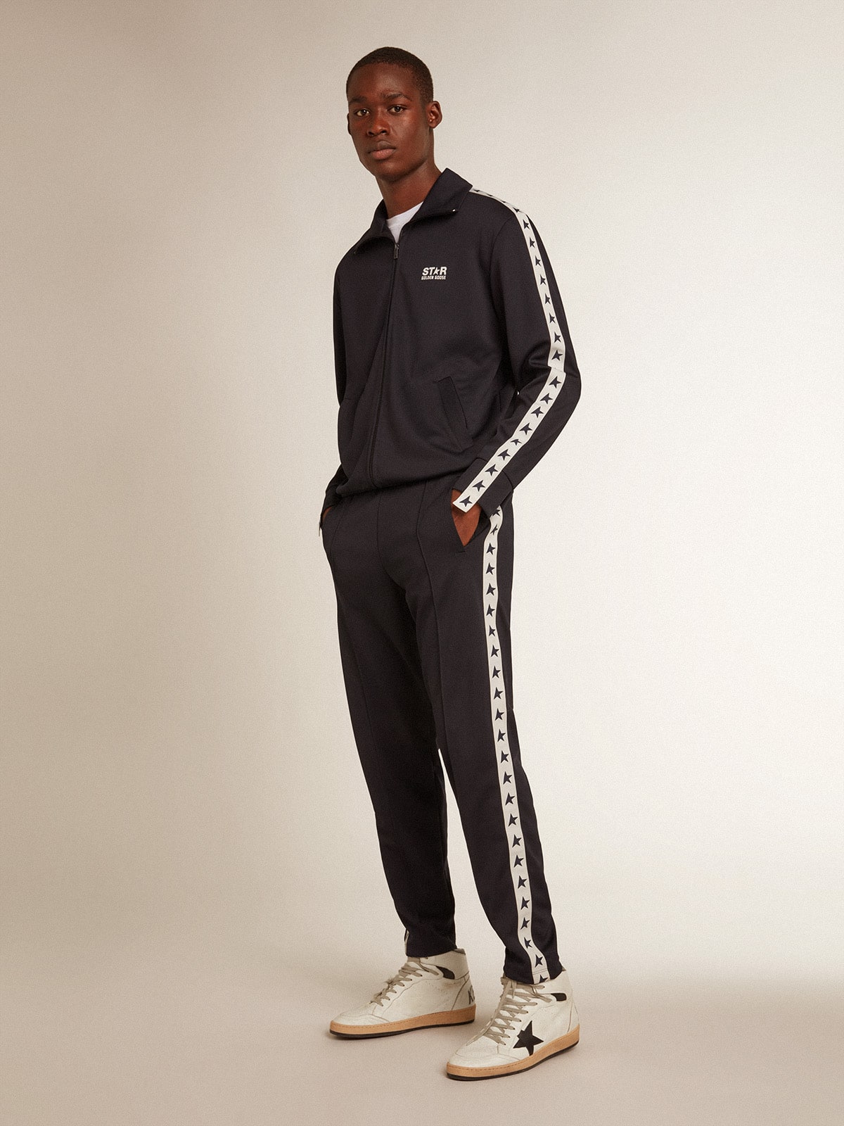 Dark blue sweatshirt with white strip and contrasting blue stars| Golden Goose