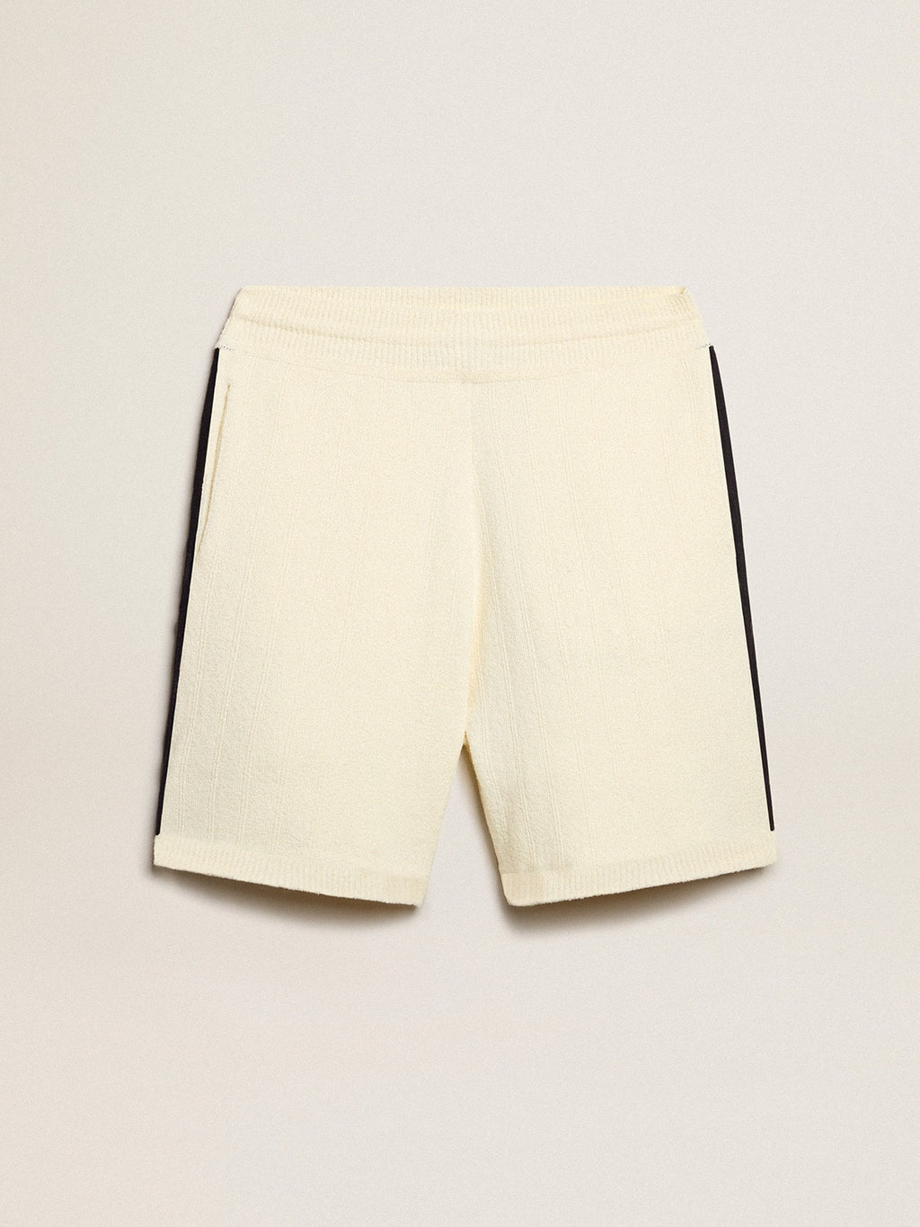 Men's vintage white shorts with blue rib knit on the sides| Golden Goose