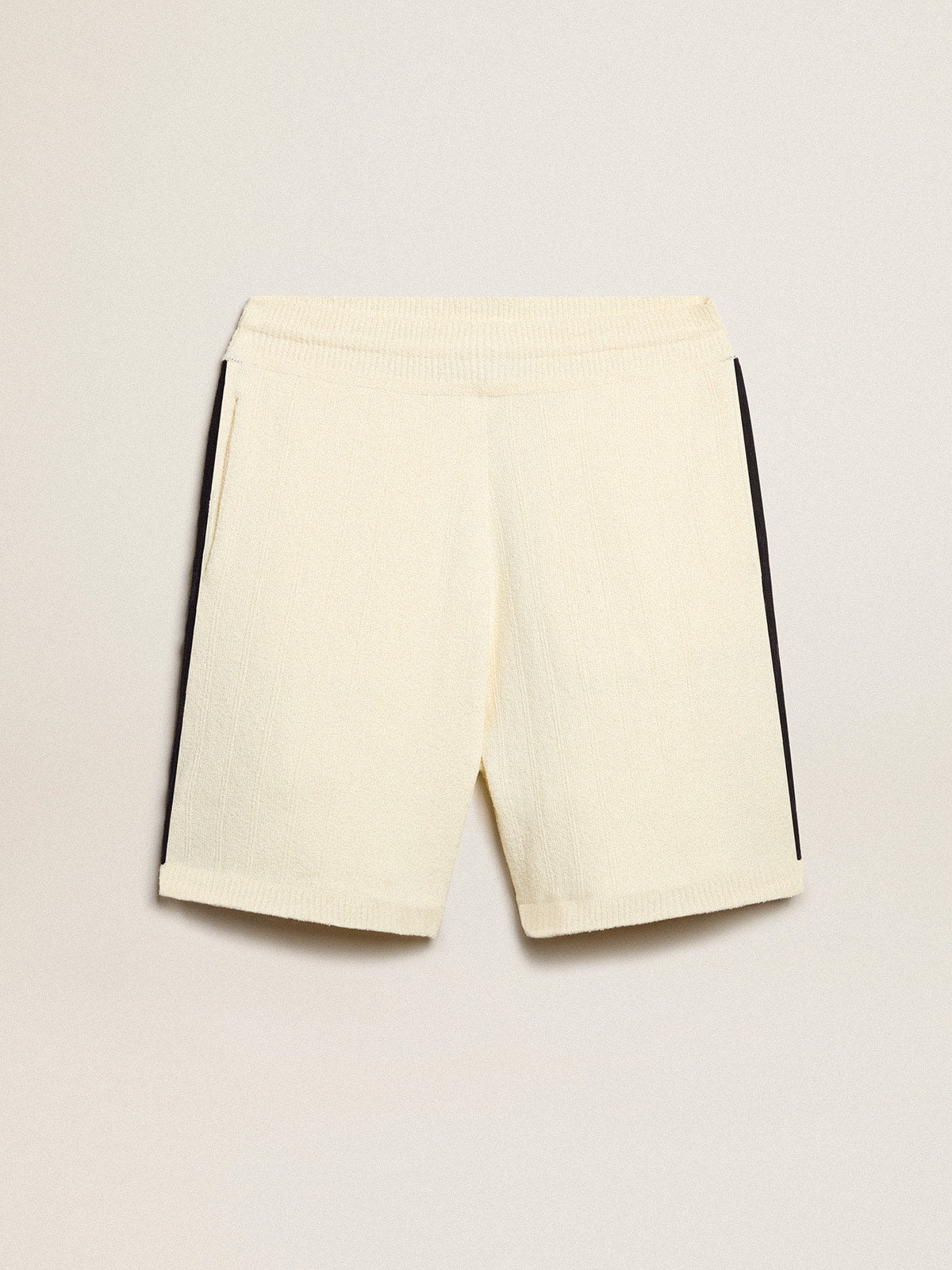 Men's vintage white shorts with blue rib knit on the sides| Golden Goose
