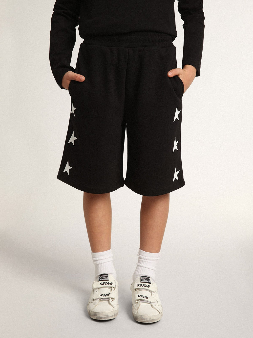 Boys' black Bermuda shorts with white stars| Golden Goose