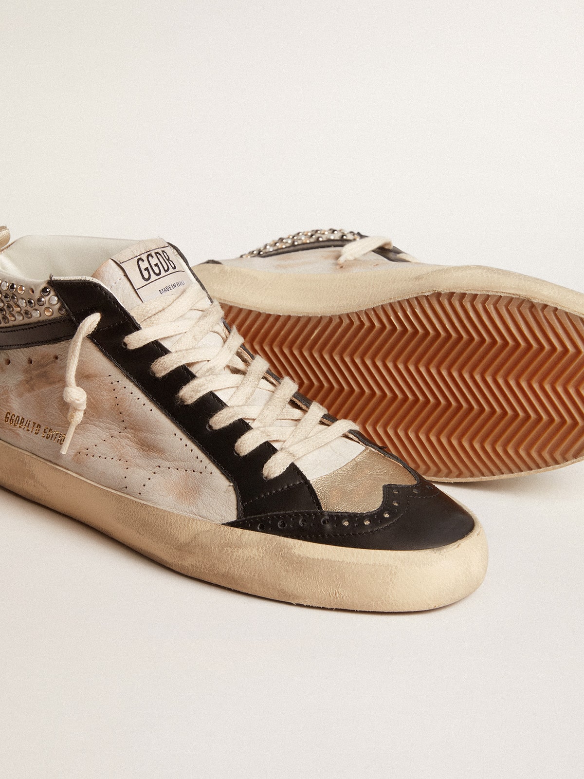 Men's Mid Star LTD in black and white leather with pearls and perforated star| Golden Goose
