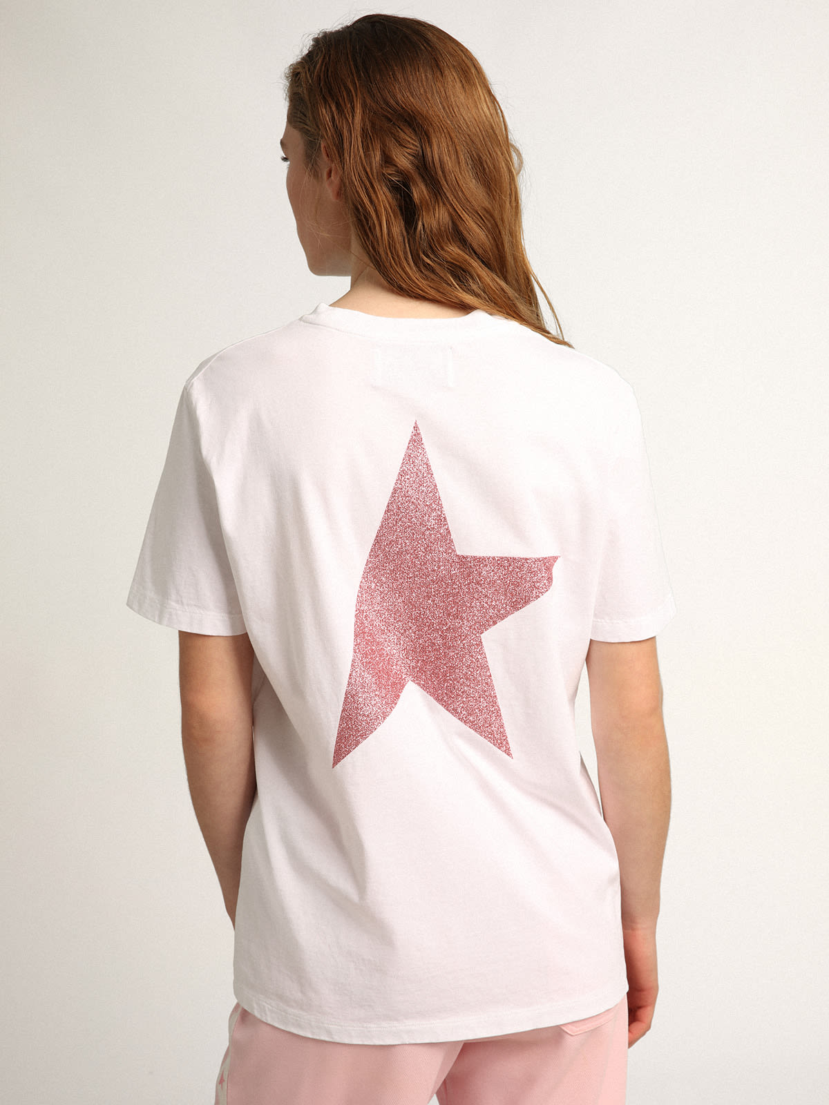 Women's white T-shirt with pink glitter logo and star| Golden Goose