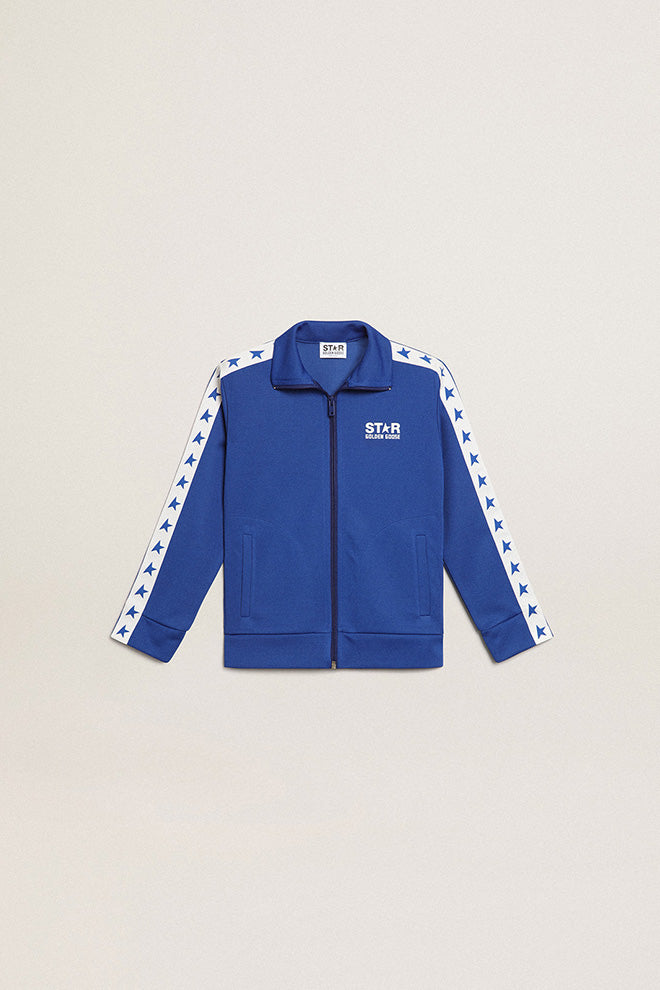 Bright blue zipped sweatshirt with white strip and bright blue stars| Golden Goose