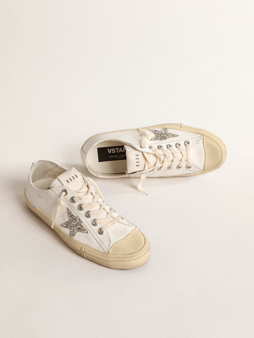 V-Star in white leather with a platinum glitter star| Golden Goose