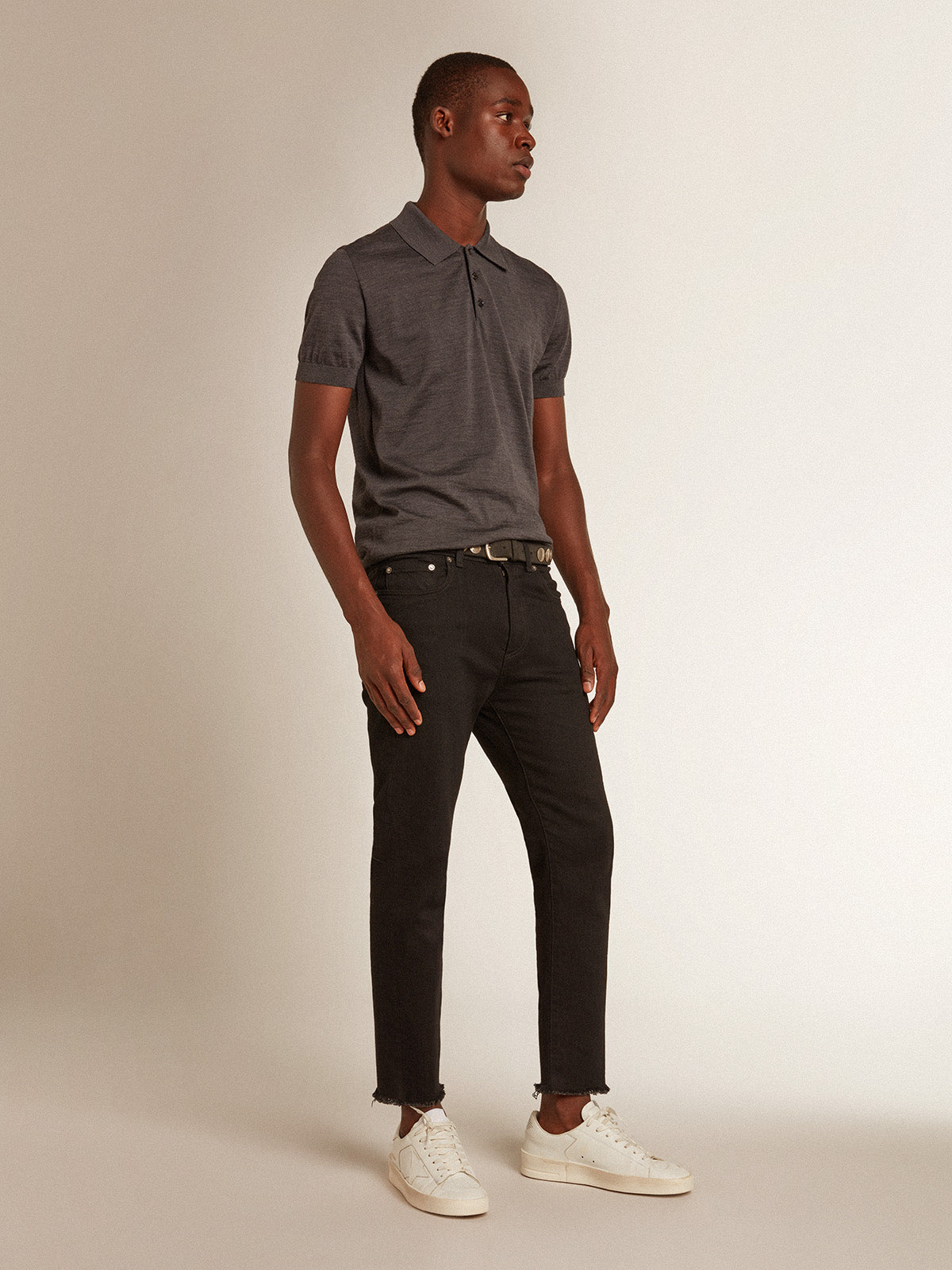 Men's short-sleeved polo shirt in gray merino wool| Golden Goose
