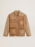 Sand-colored leather jacket with patches and zip fastening| Golden Goose