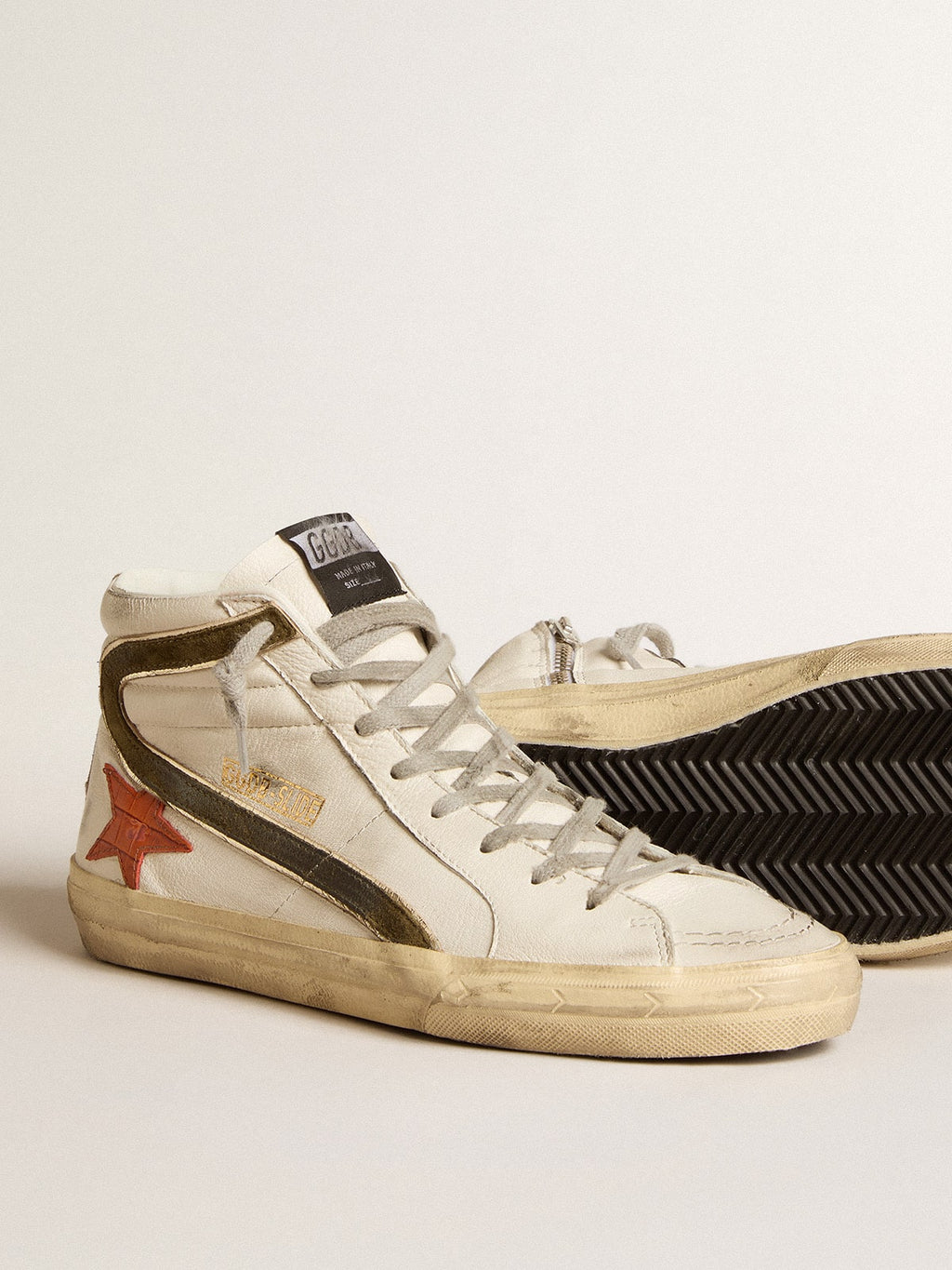 Men's nappa leather Slide with orange croc-print star and green suede flash| Golden Goose