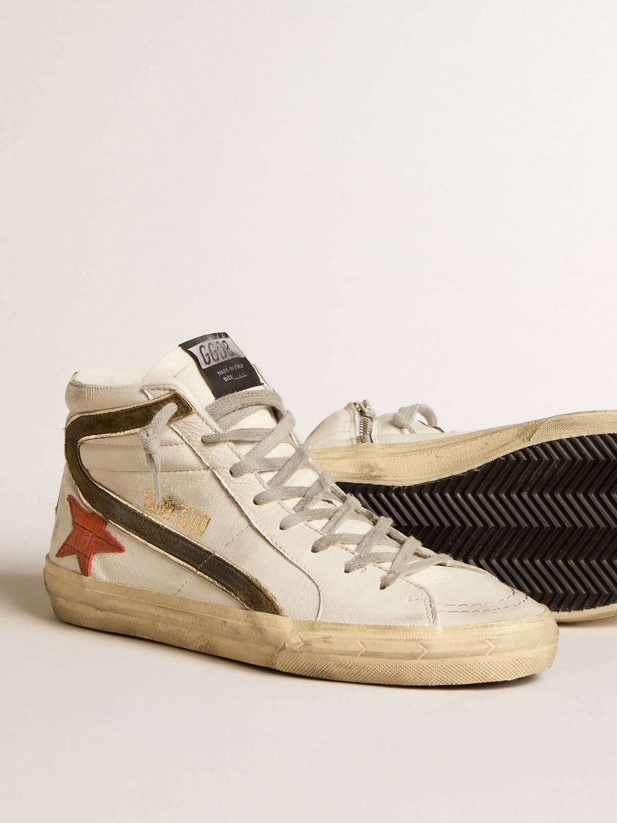 Men's nappa leather Slide with orange croc-print star and green suede flash| Golden Goose