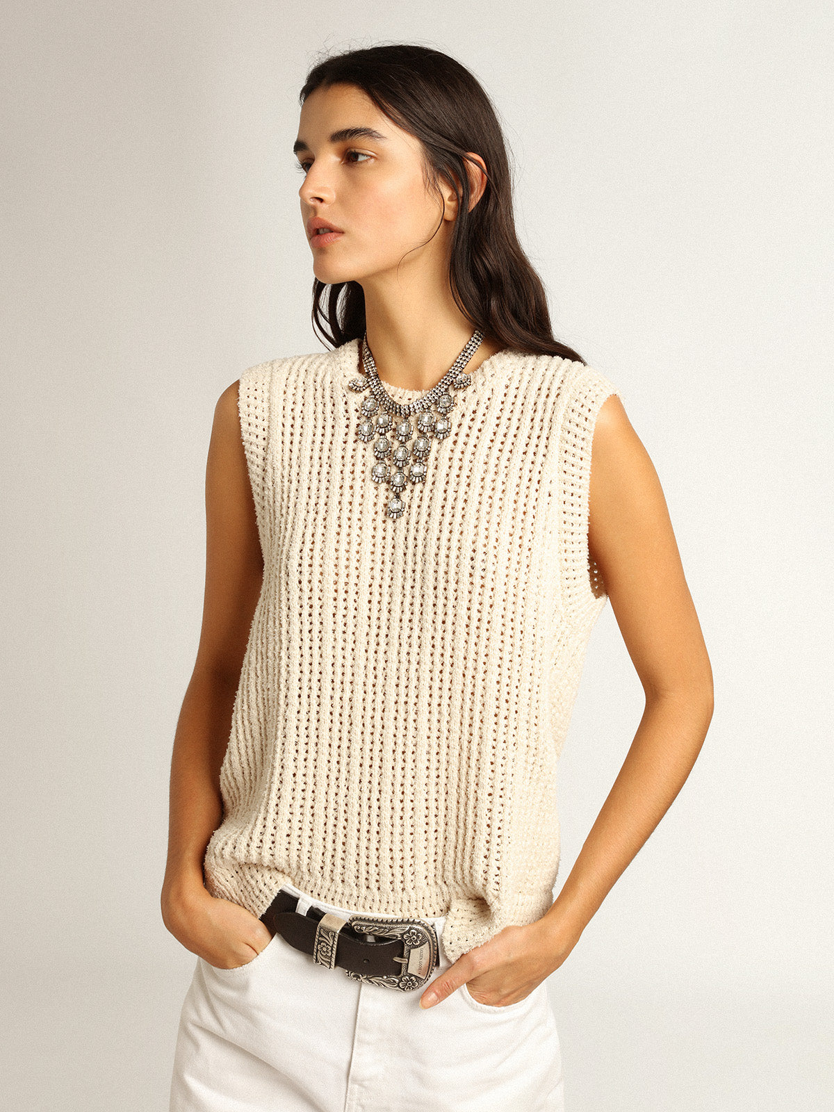 Papyrus-colored knitted sleeveless top| Golden Goose