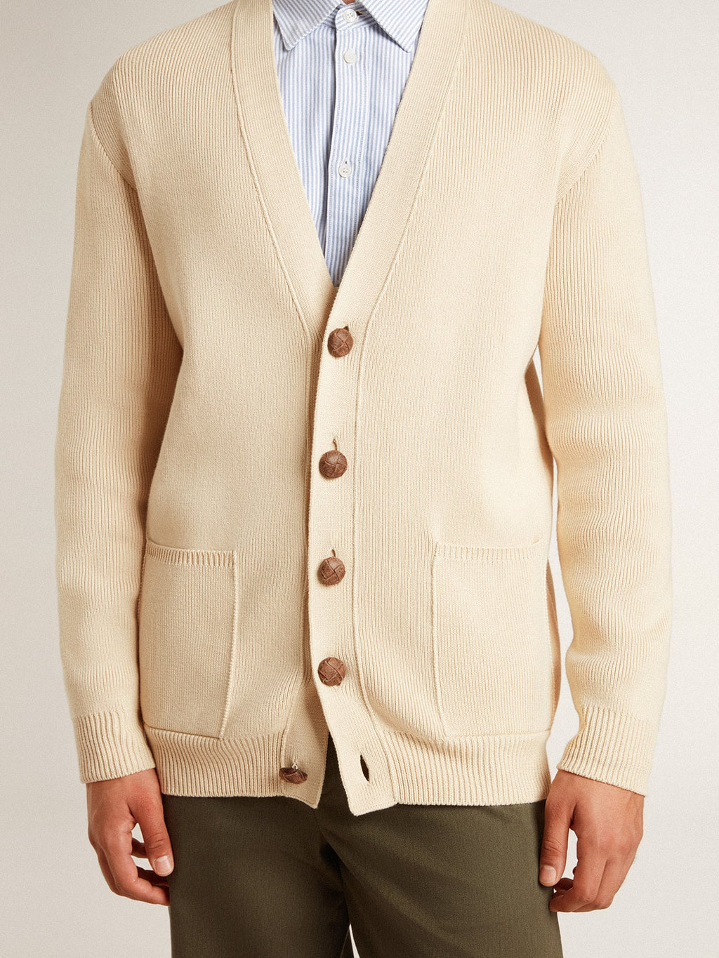 Men's beige cardigan with 'Golden' lettering on the back| Golden Goose