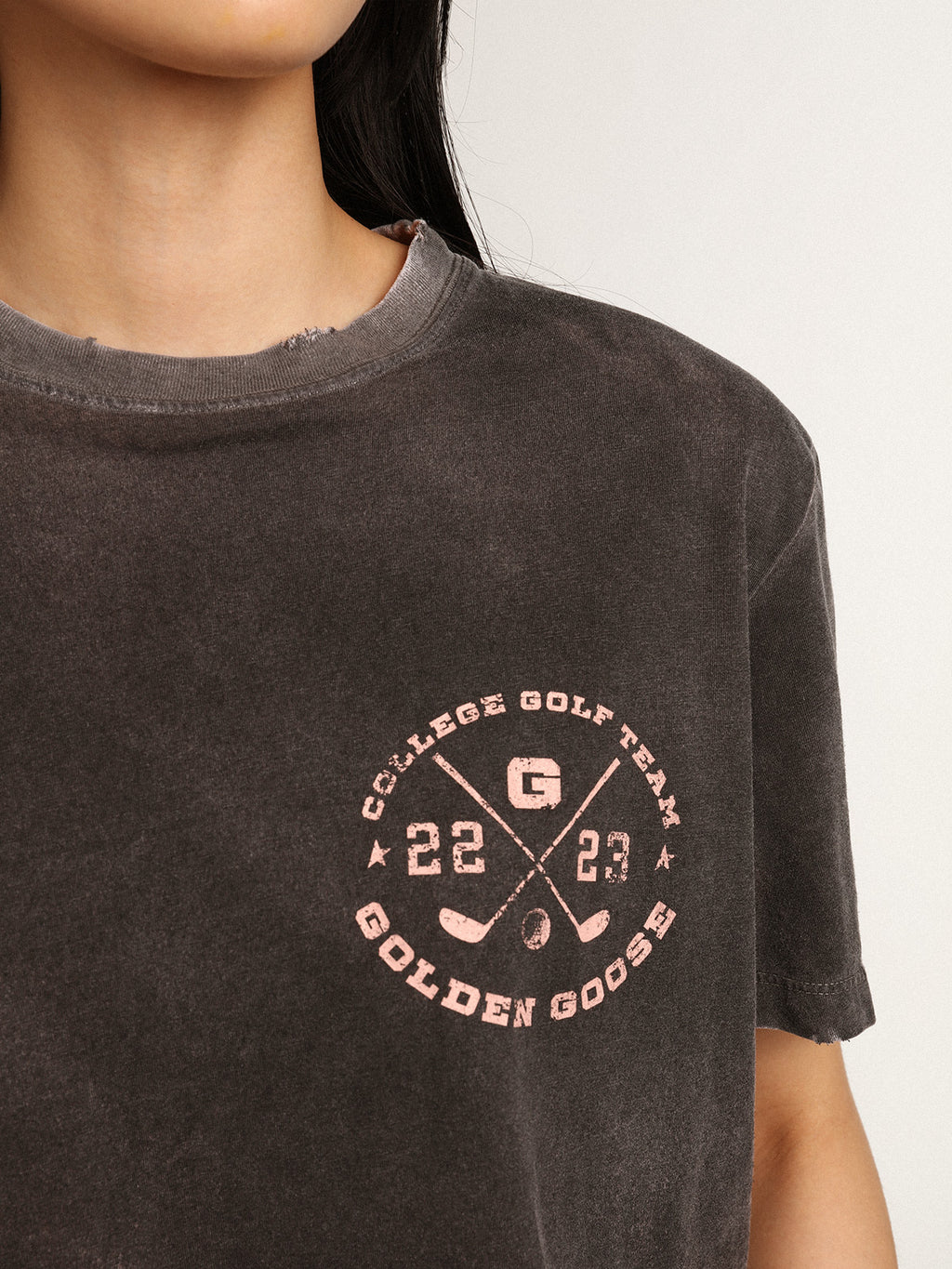 Women's gray T-shirt with print on the front| Golden Goose
