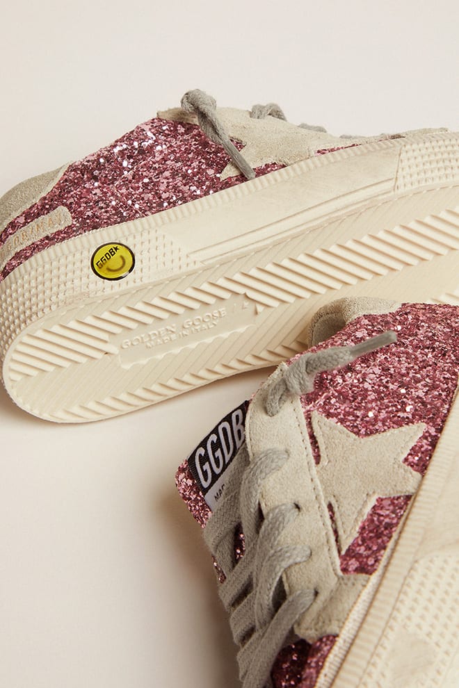 May sneakers in pink glitter with star and heel tab in ice-gray suede| Golden Goose
