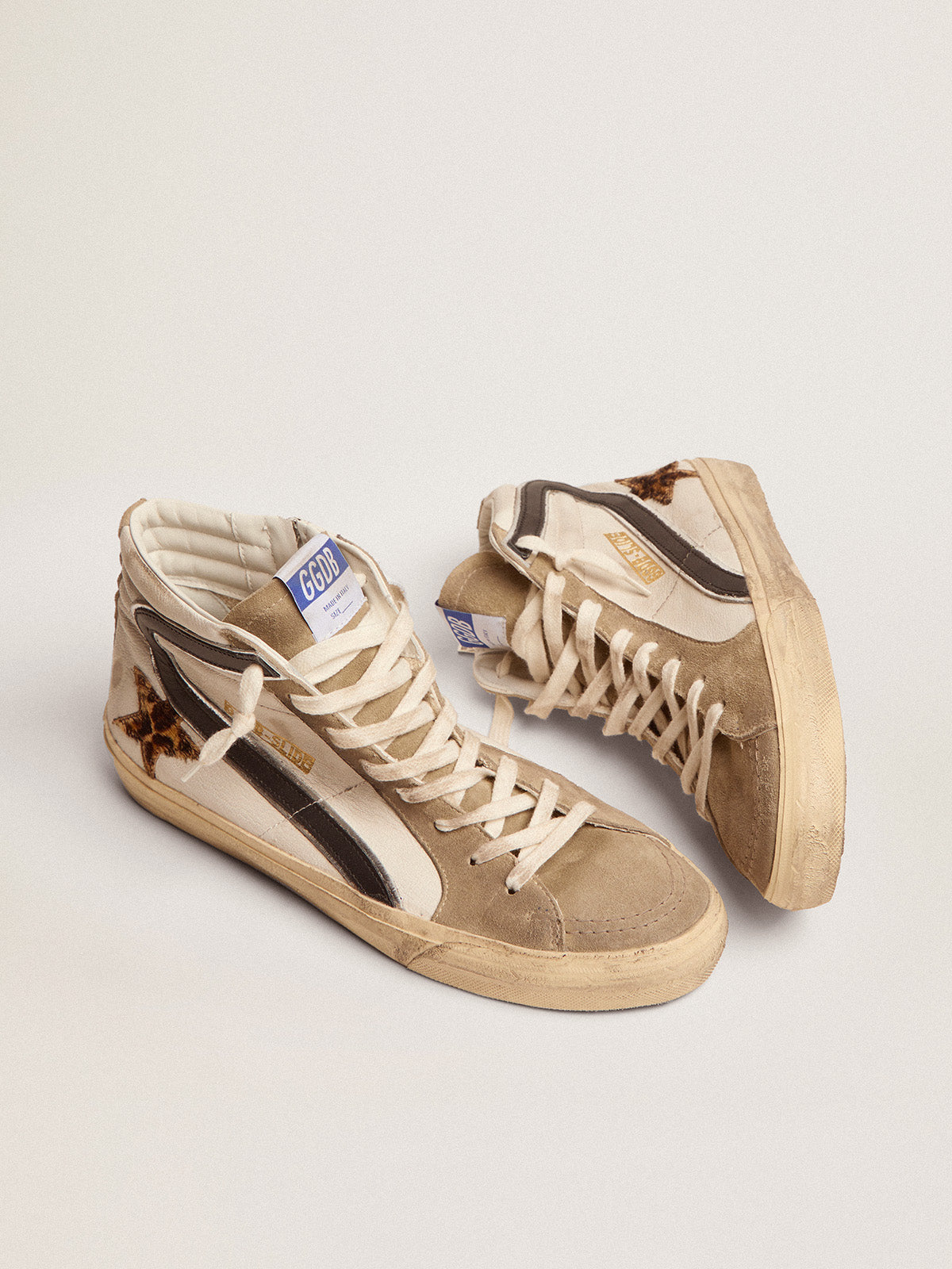 Men's Slide with leopard print pony skin star and black flash| Golden Goose