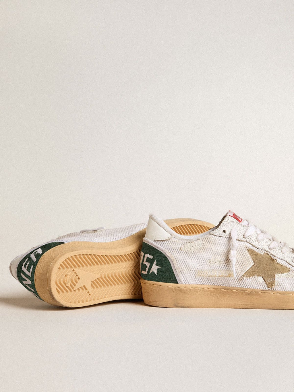Ball Star LTD in white crackle leather and mesh with suede star| Golden Goose