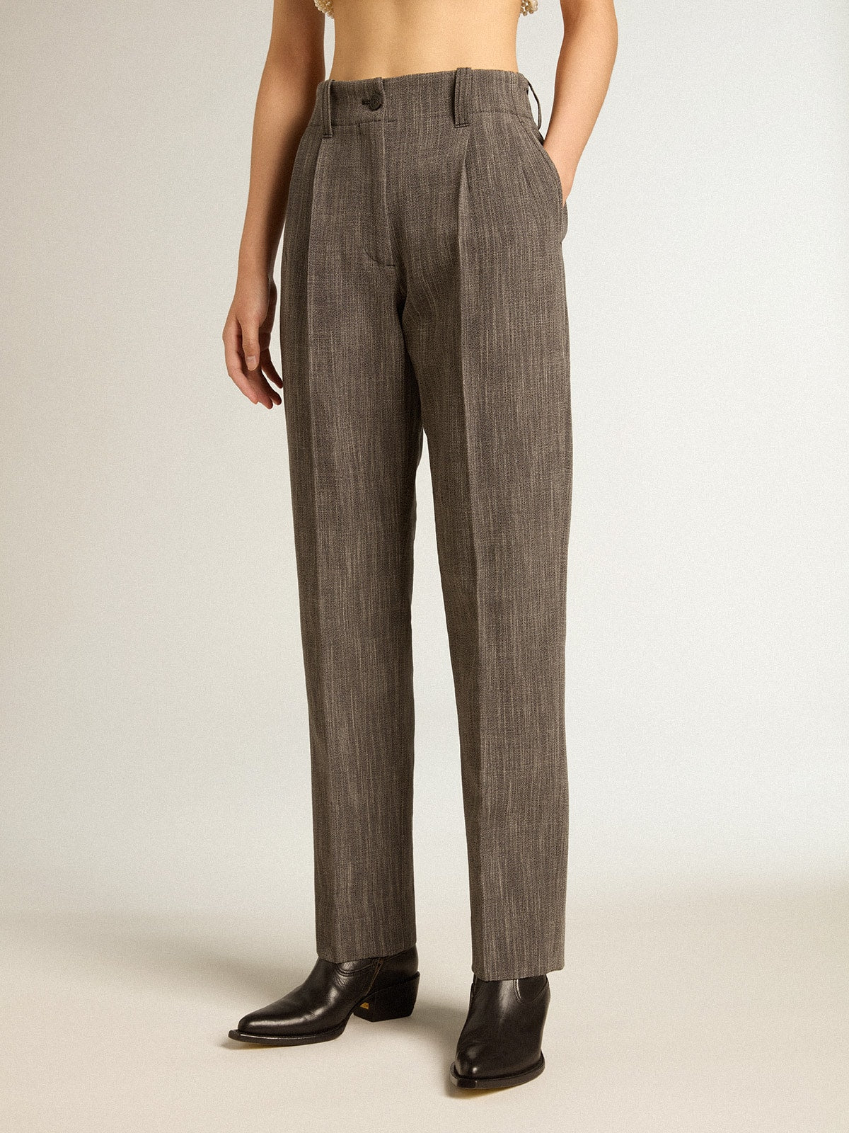 Women's high-waisted pants in gray melange wool blend| Golden Goose