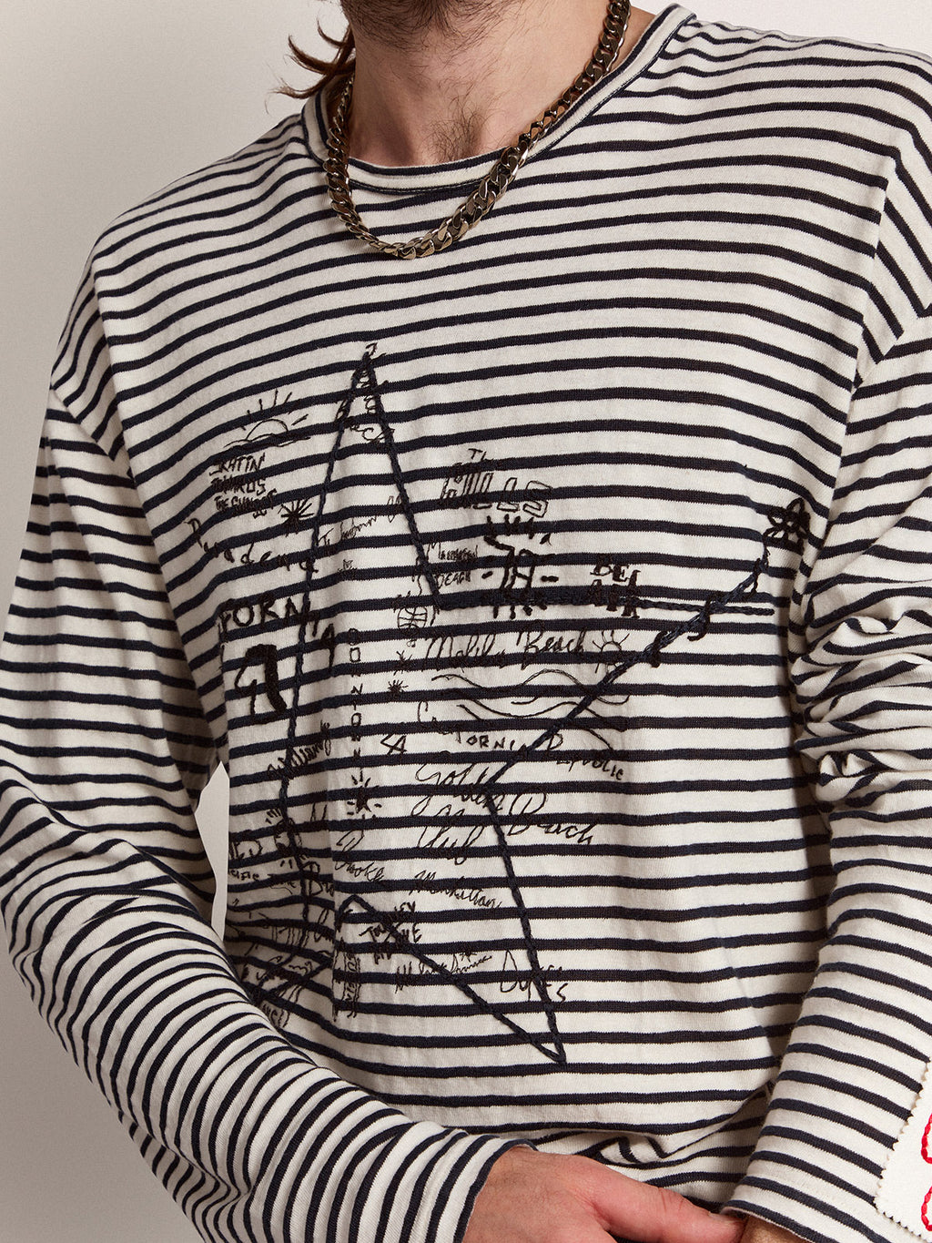 Men's T-shirt with white and blue stripes and embroidery on the front| Golden Goose