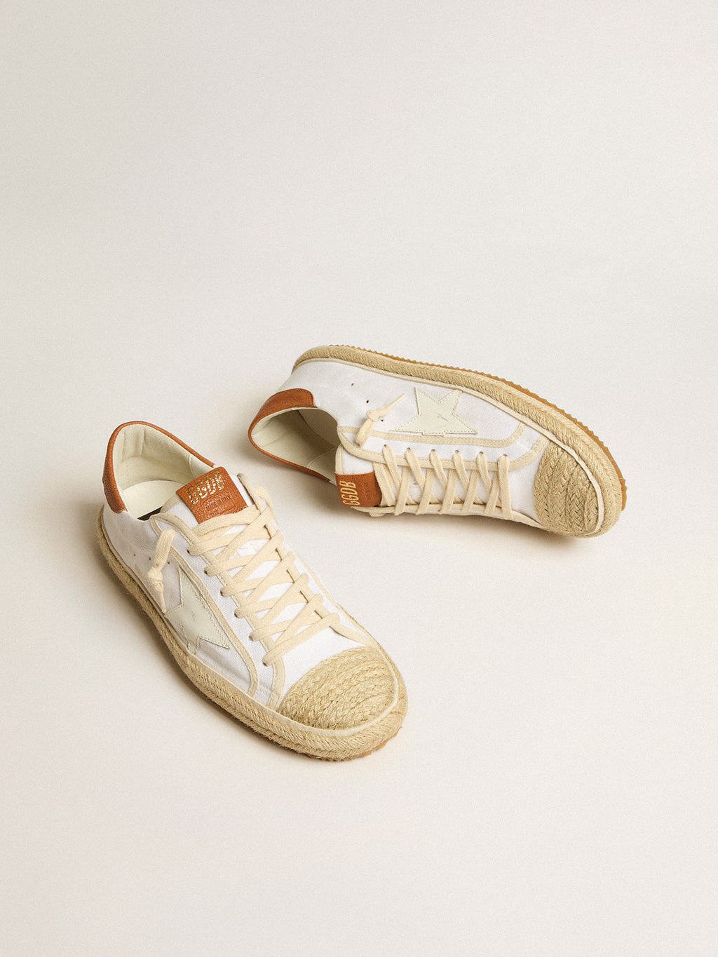 Women's Super-Star LTD in canvas with white leather star and raffia toe| Golden Goose