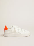 White Purestar sneakers with fluorescent orange heel tab| Golden Goose