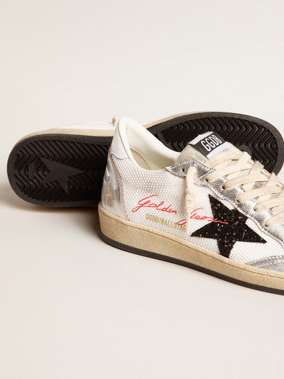 Ball Star in white mesh with black glitter star and silver inserts| Golden Goose