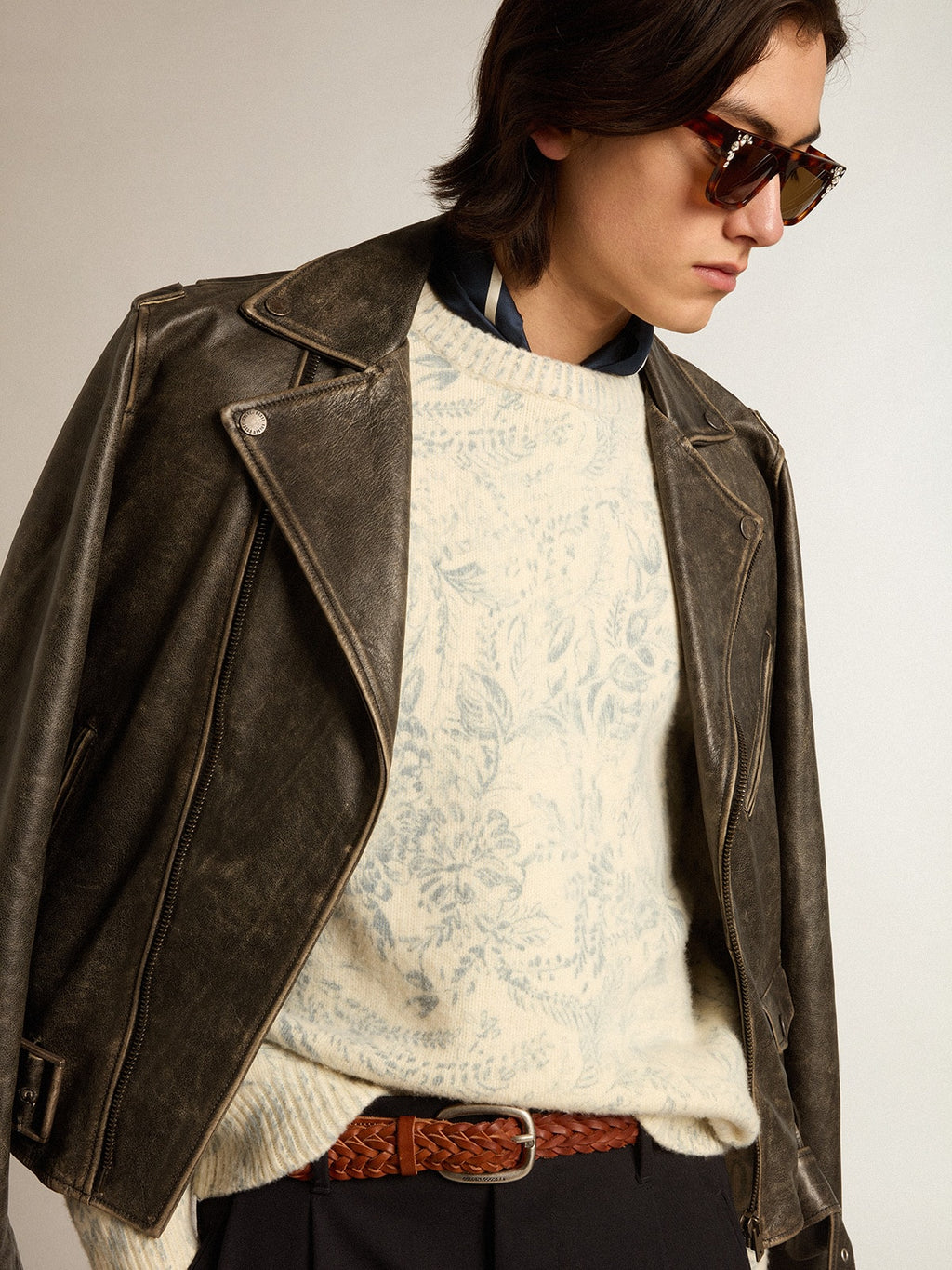 Men's round-neck sweater in wool with all-over toile de jouy pattern| Golden Goose