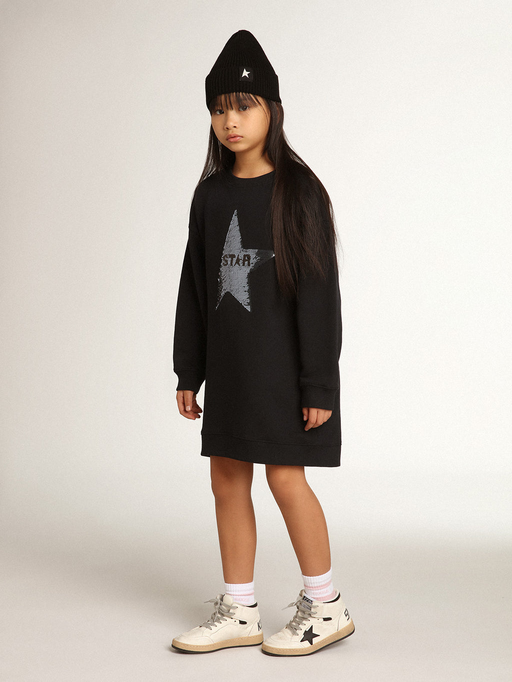 Girls' dark blue sweatshirt dress with sequin star| Golden Goose