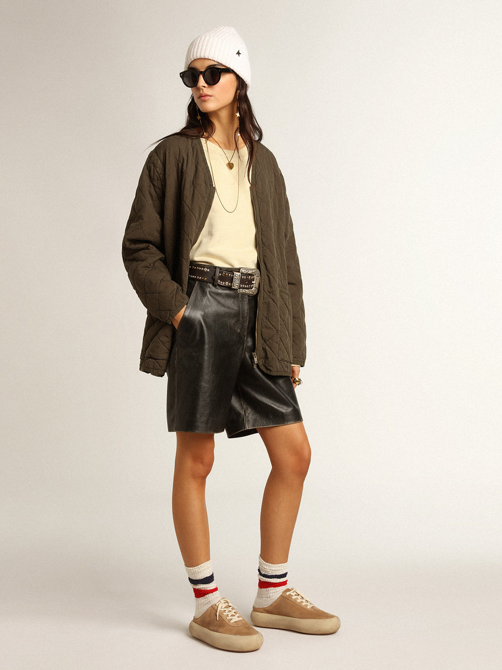 Black leather Bermuda shorts with lived-in effect| Golden Goose