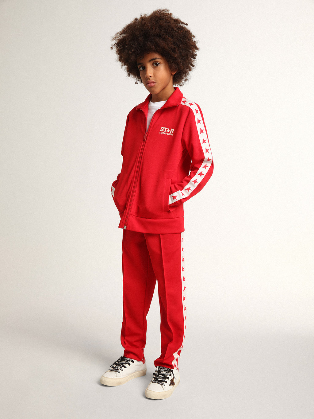 Red zipped sweatshirt with white stripe and red stars| Golden Goose